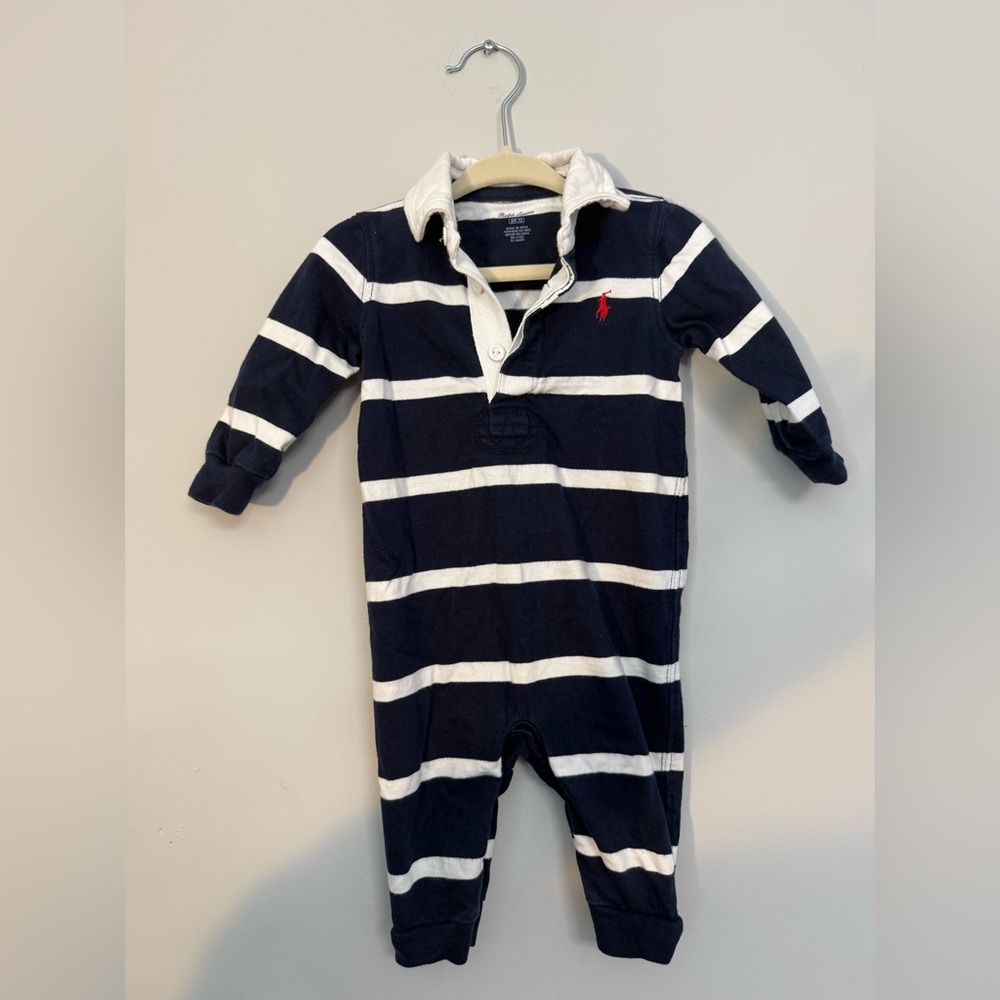 Ralph Lauren Polo Navy and White Striped Rugby style polo Footie 6 month preppy